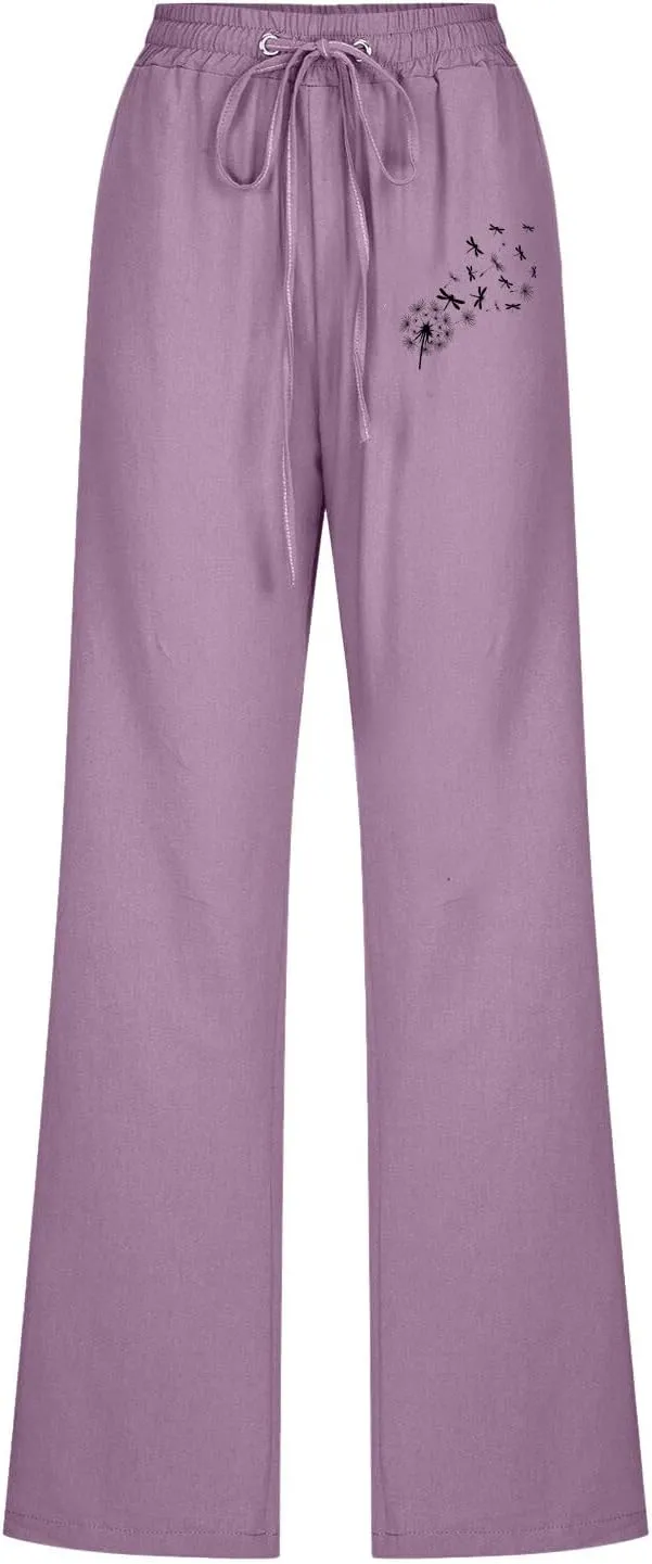 Linen Pants Women Long Straight Leg Loose Comfy Trousers High Waist Drawstring Summer Lounge Beach Soft Sweatpants
