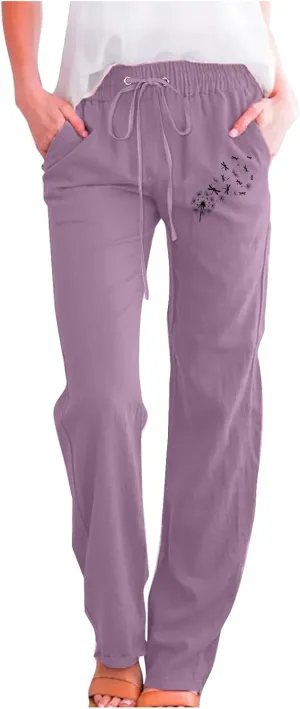 Linen Pants Women Long Straight Leg Loose Comfy Trousers High Waist Drawstring Summer Lounge Beach Soft Sweatpants