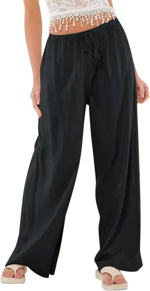 Linen Pants Women Summer Wide Leg Pants Drawstring Elastic Waist Trousers Baggy Maternity Palazzo Pant with Pockets