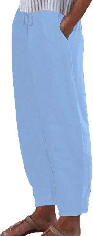 Linen Pants Women Tapered Pant Drawstring Lounge Trousers with Pocket High Waist Pants Beach Wear Summer Clothes