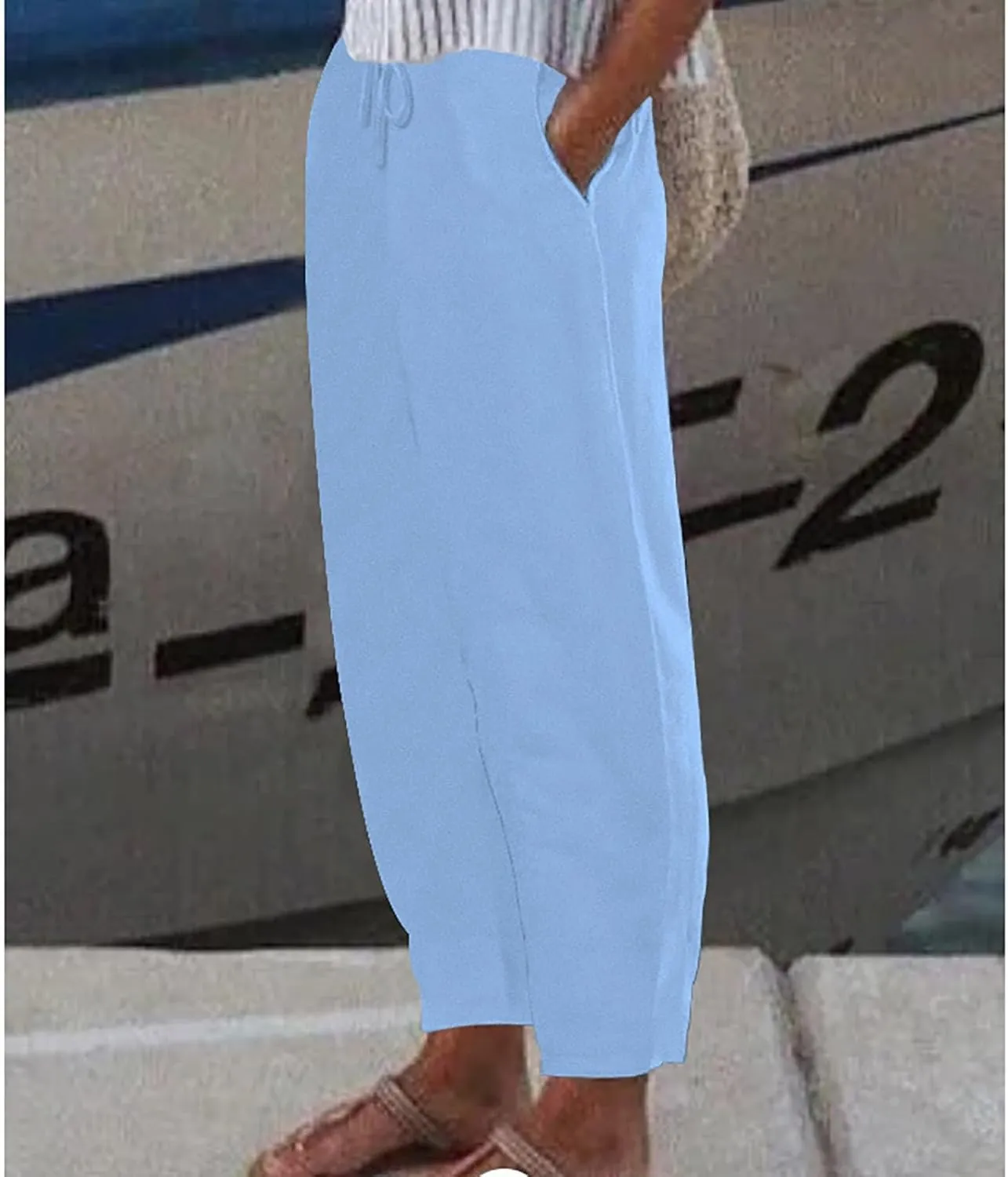 Linen Pants Women Tapered Pant Drawstring Lounge Trousers with Pocket High Waist Pants Beach Wear Summer Clothes