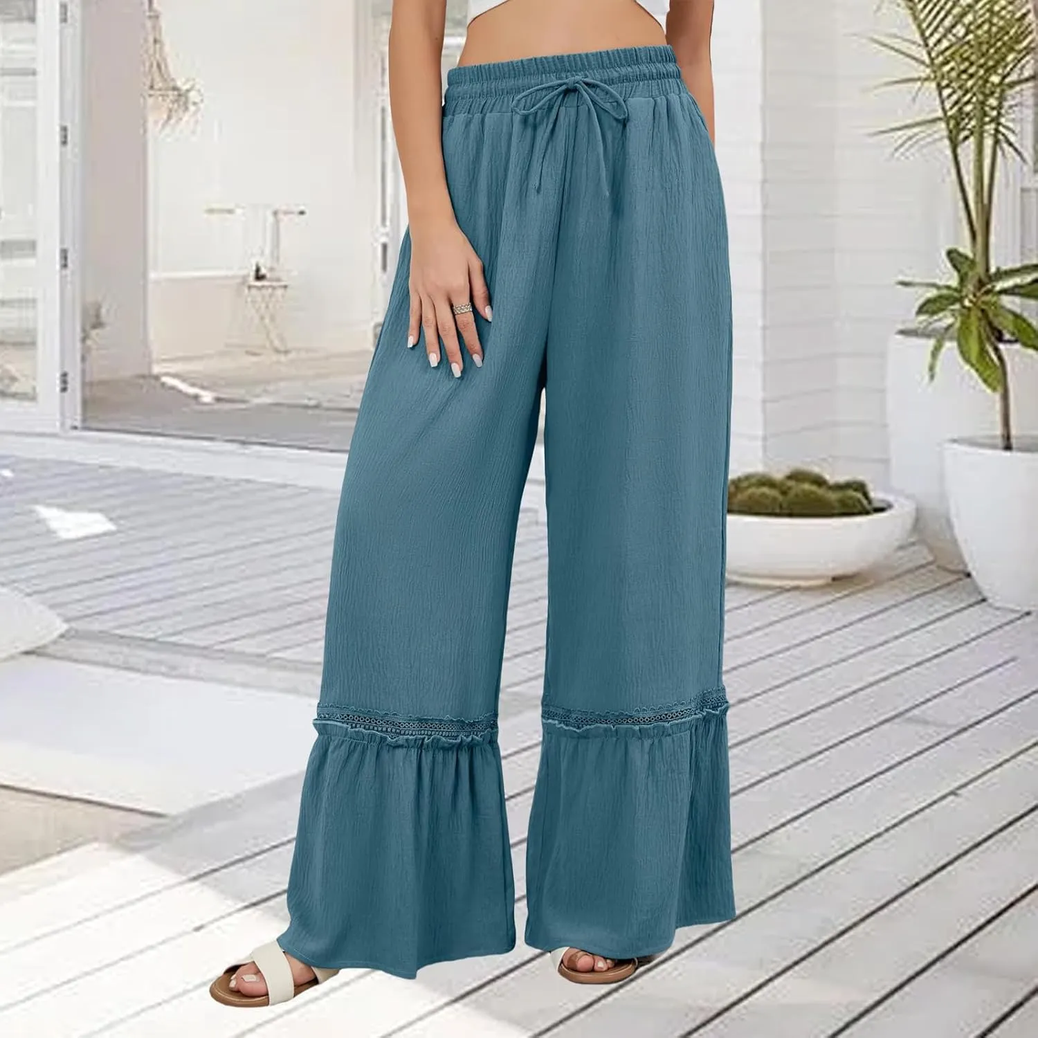 Linen Pants Women Wide Leg Beach Pants Summer Drawstring High Waist Loose Flowy Pant Business Work Trousers