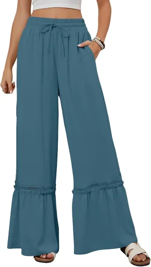 Linen Pants Women Wide Leg Beach Pants Summer Drawstring High Waist Loose Flowy Pant Business Work Trousers