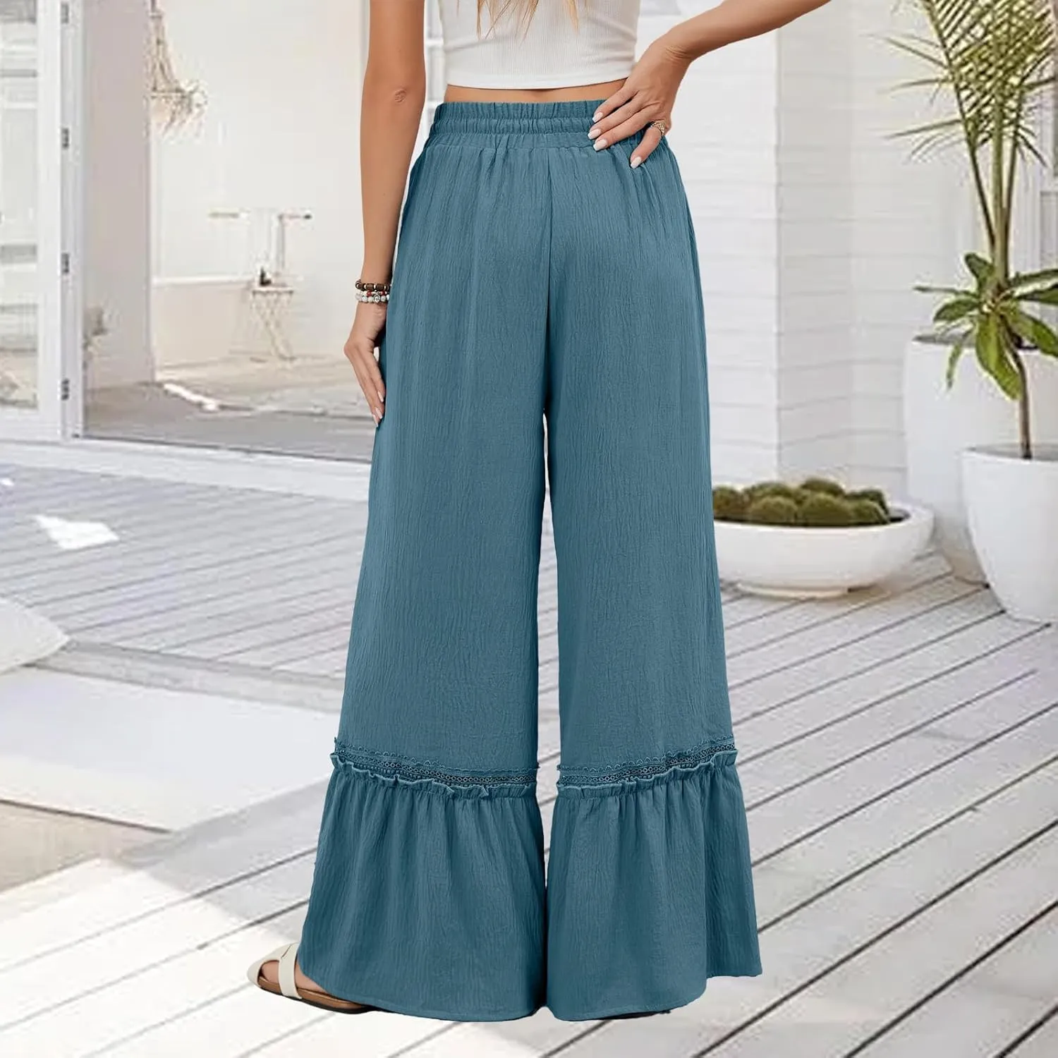 Linen Pants Women Wide Leg Beach Pants Summer Drawstring High Waist Loose Flowy Pant Business Work Trousers