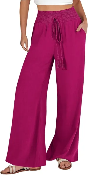 Linen Wide Leg Pants for Women Petite Summer Beach Drawstring Palazzo Flowy Lounging with Pockets Travel Lounge 2024