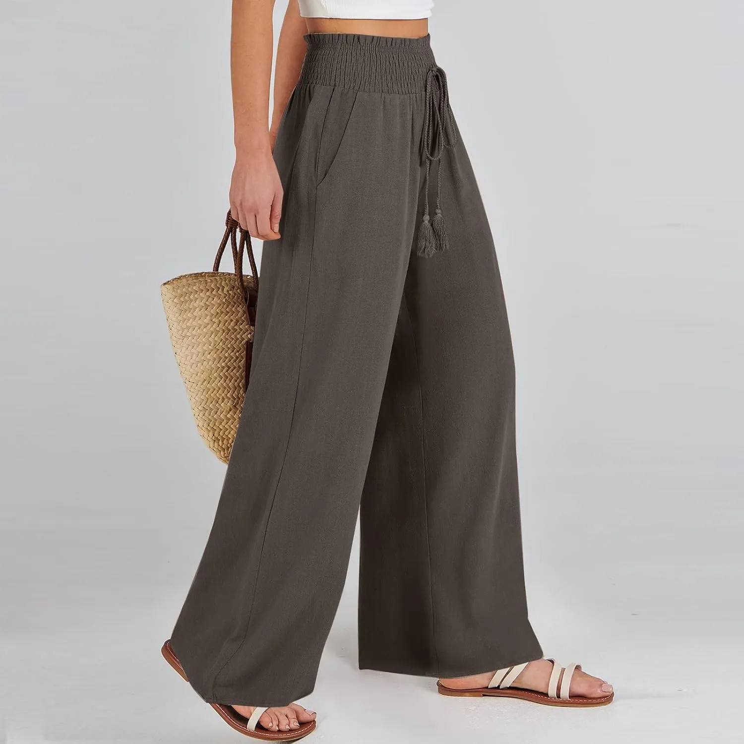 Linen Wide Leg Pants for Women Petite Summer Beach Drawstring Palazzo Flowy Lounging with Pockets Travel Lounge 2024