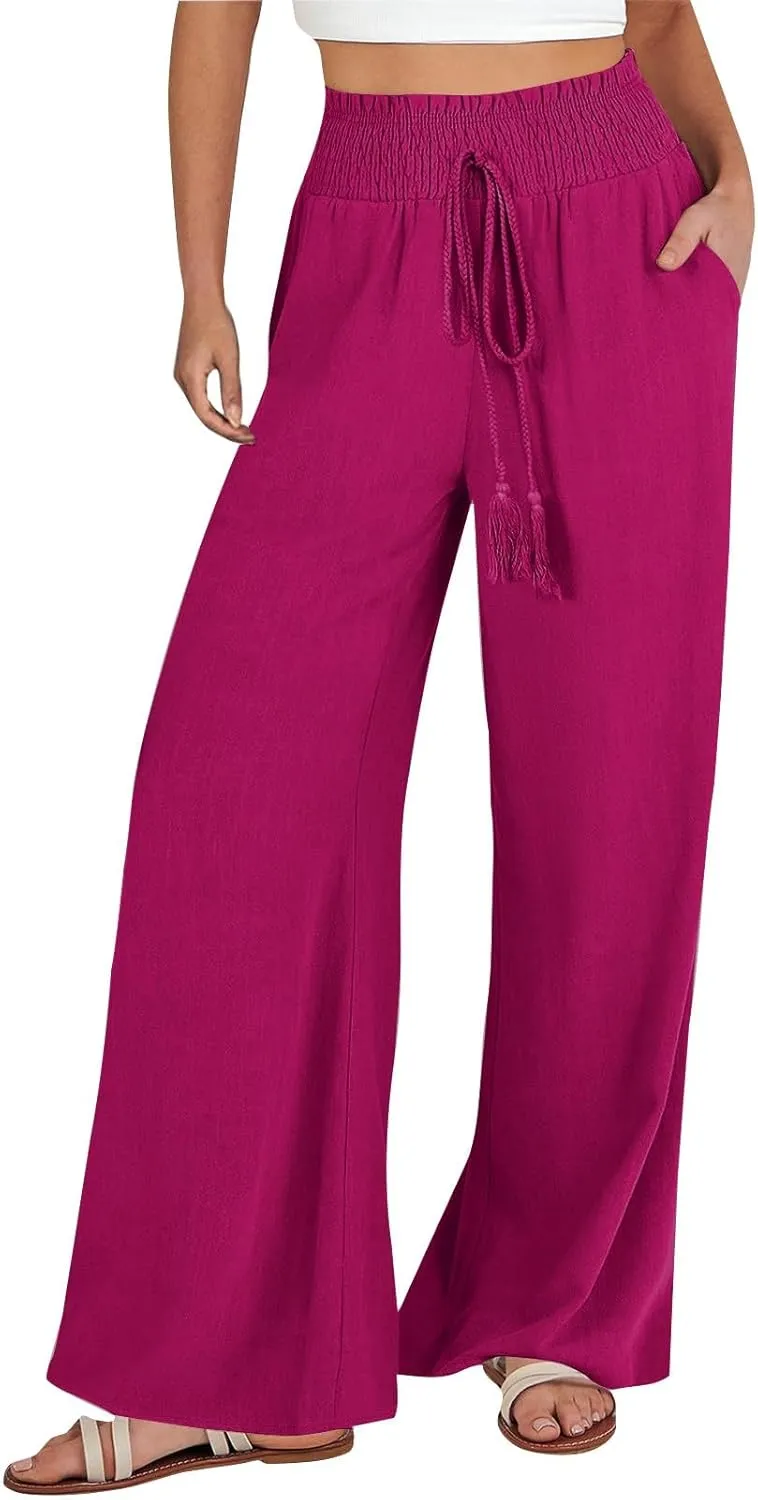 Linen Wide Leg Pants for Women Petite Summer Beach Drawstring Palazzo Flowy Lounging with Pockets Travel Lounge 2024