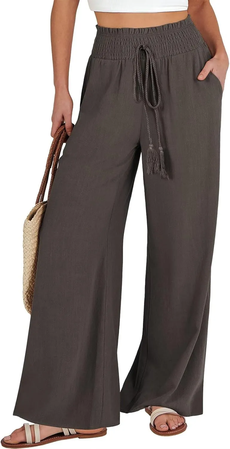 Linen Wide Leg Pants for Women Petite Summer Beach Drawstring Palazzo Flowy Lounging with Pockets Travel Lounge 2024