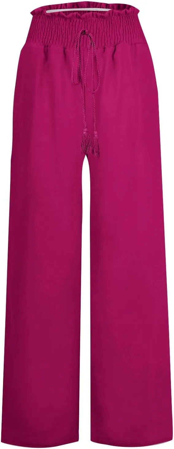 Linen Wide Leg Pants for Women Petite Summer Beach Drawstring Palazzo Flowy Lounging with Pockets Travel Lounge 2024