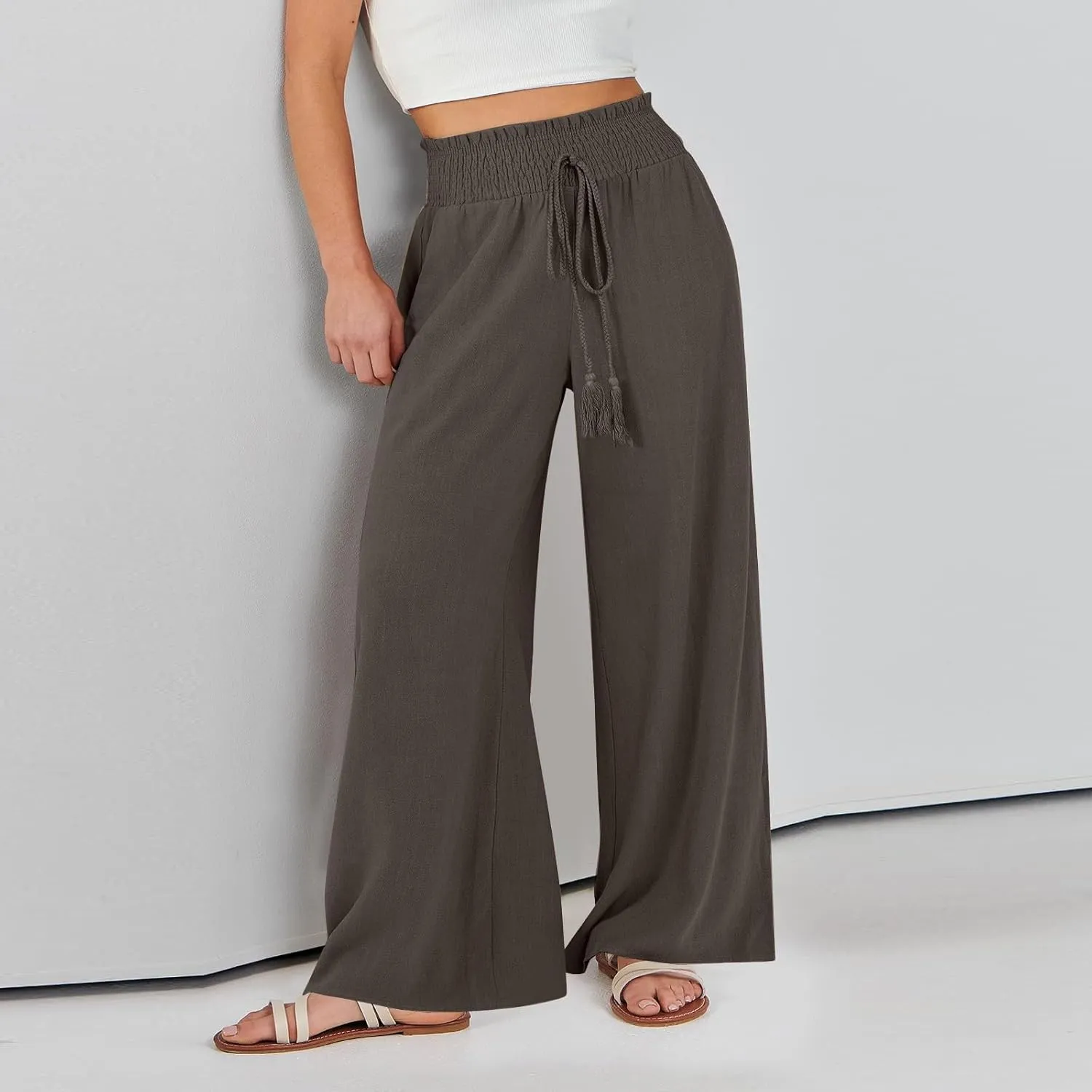Linen Wide Leg Pants for Women Petite Summer Beach Drawstring Palazzo Flowy Lounging with Pockets Travel Lounge 2024