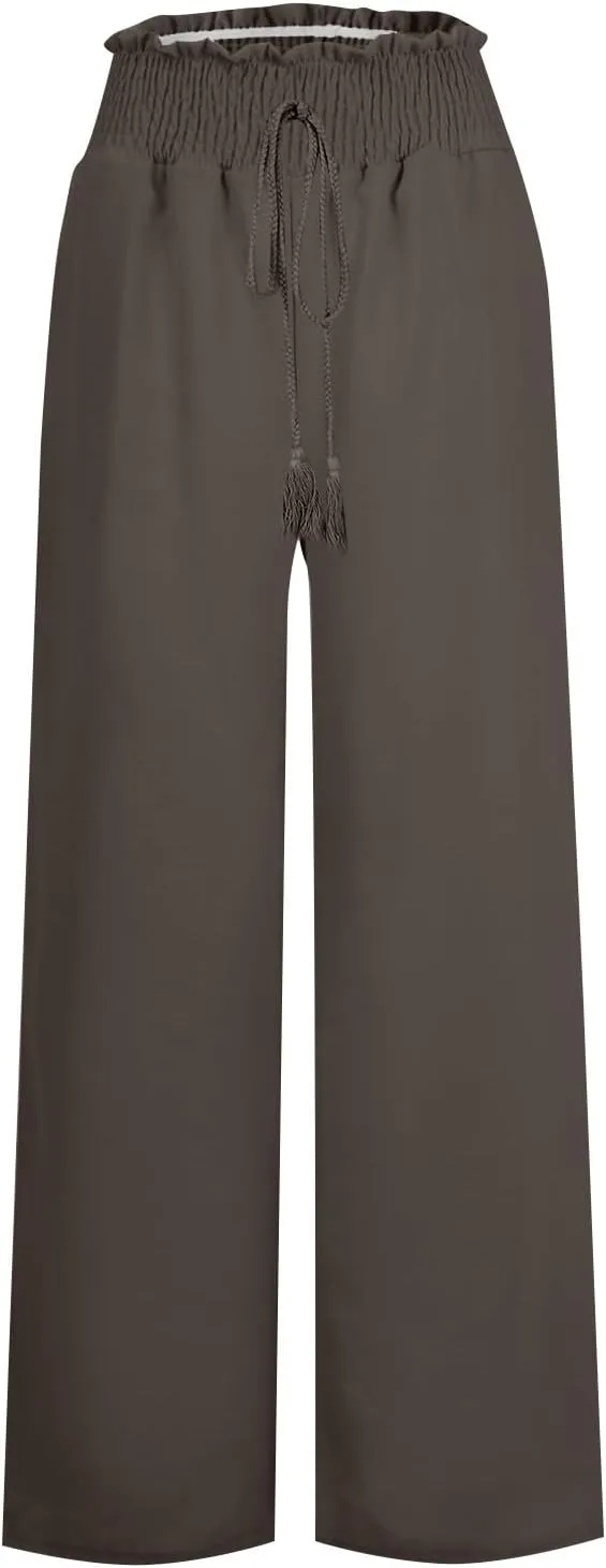 Linen Wide Leg Pants for Women Petite Summer Beach Drawstring Palazzo Flowy Lounging with Pockets Travel Lounge 2024