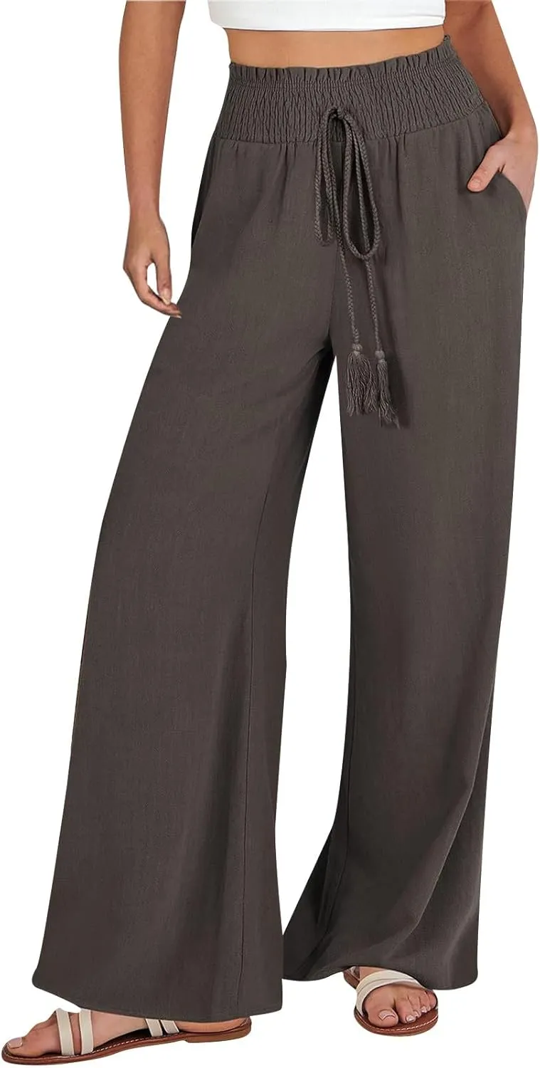Linen Wide Leg Pants for Women Petite Summer Beach Drawstring Palazzo Flowy Lounging with Pockets Travel Lounge 2024