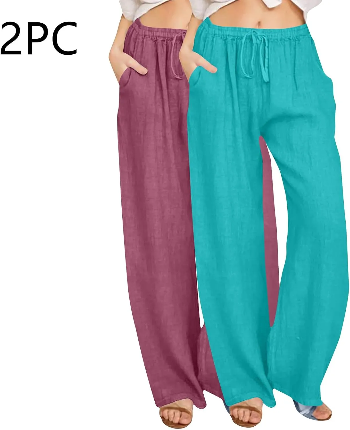 Lmdudan 2 Pc Cotton Linen Pants for Women Beach Pant Plus Size Wide Leg Sweatpants 2025 Summer Cropped Elastic Waist Trousers