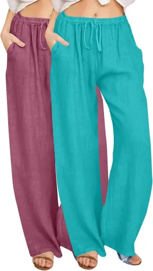 Lmdudan 2 Pc Cotton Linen Pants for Women Beach Pant Plus Size Wide Leg Sweatpants 2025 Summer Cropped Elastic Waist Trousers