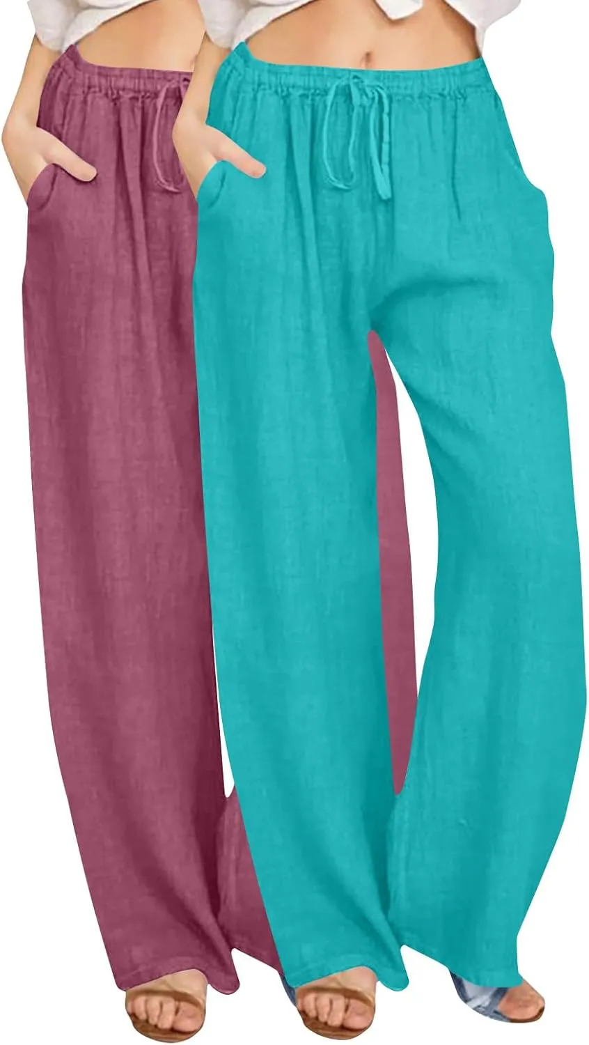 Lmdudan 2 Pc Cotton Linen Pants for Women Beach Pant Plus Size Wide Leg Sweatpants 2025 Summer Cropped Elastic Waist Trousers