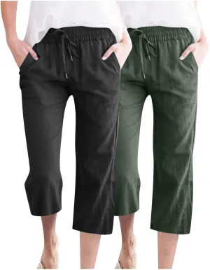Lmdudan 2 Pcs Cotton Linen Capri Pants for Women Casual 2025 Summer Drawstring Elastic Waist Pant Wide Leg Cropped Trousers