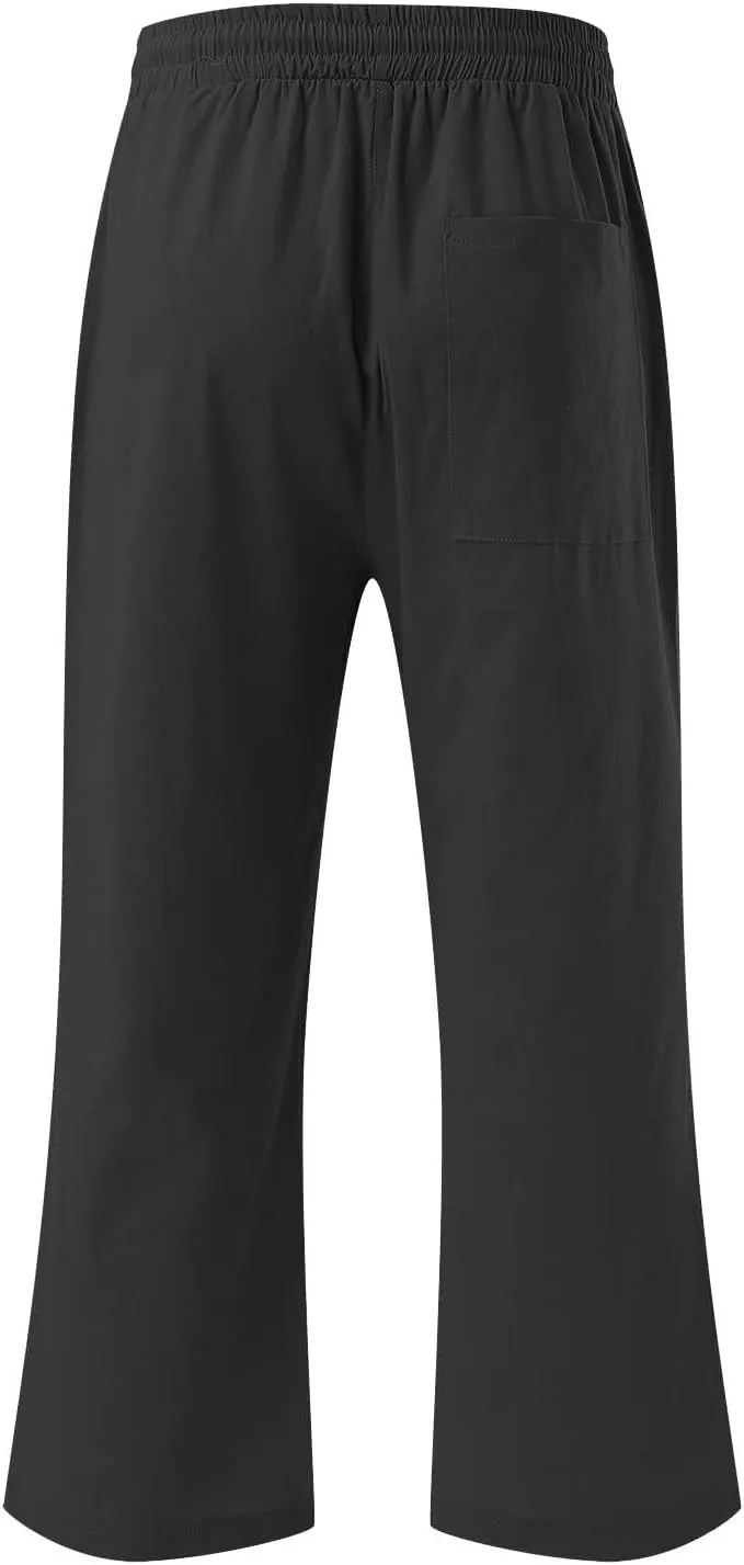 Lmdudan 2 Pcs Cotton Linen Capri Pants for Women Casual 2025 Summer Drawstring Elastic Waist Pant Wide Leg Cropped Trousers