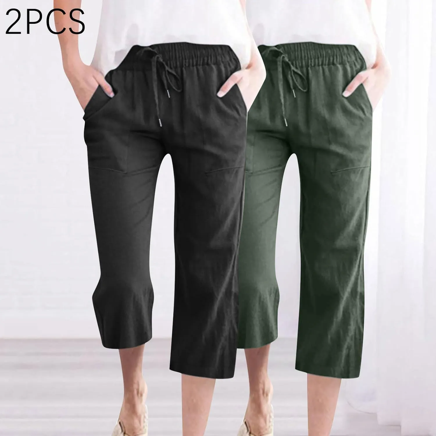 Lmdudan 2 Pcs Cotton Linen Capri Pants for Women Casual 2025 Summer Drawstring Elastic Waist Pant Wide Leg Cropped Trousers