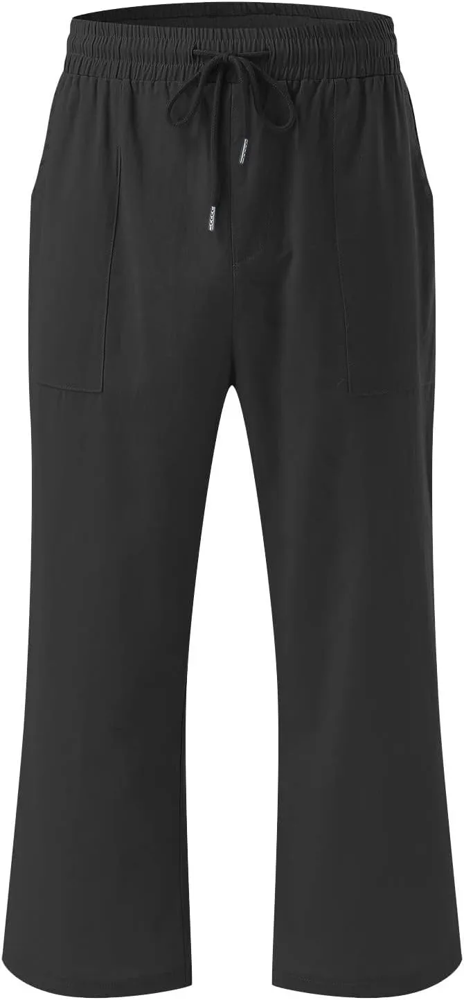 Lmdudan 2 Pcs Cotton Linen Capri Pants for Women Casual 2025 Summer Drawstring Elastic Waist Pant Wide Leg Cropped Trousers