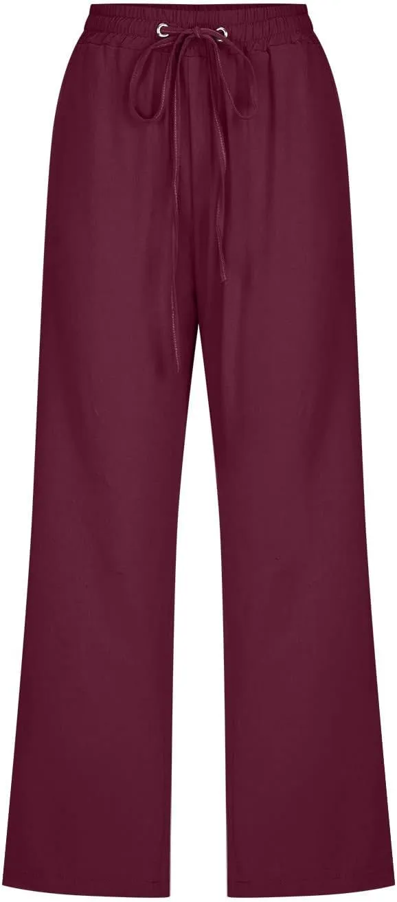 Lmdudan 2025 Capri Pants for Women Summer Drawstring Capris Linen Pants Beach Straight Wide Leg Cropped Trousers with Pockets