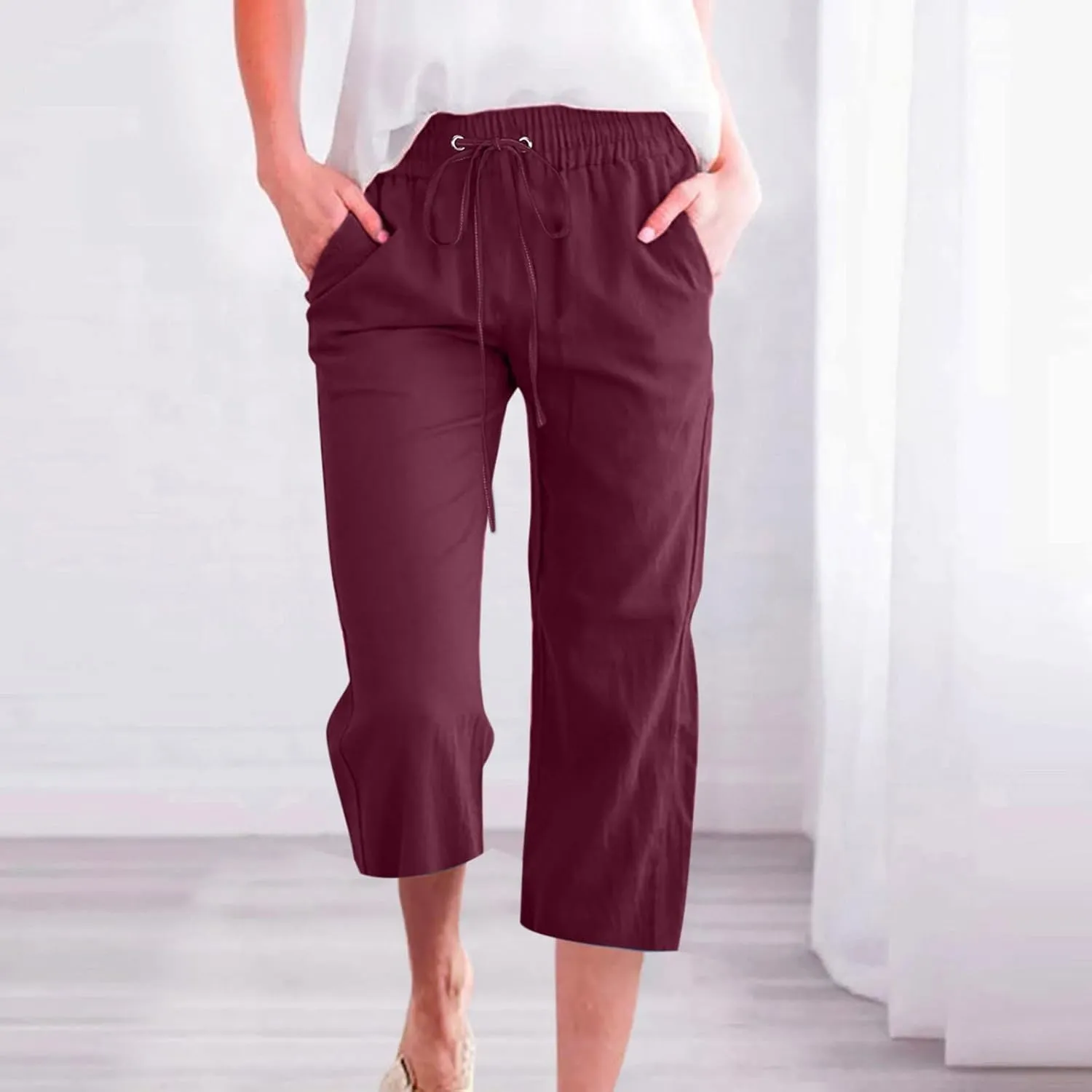Lmdudan 2025 Capri Pants for Women Summer Drawstring Capris Linen Pants Beach Straight Wide Leg Cropped Trousers with Pockets