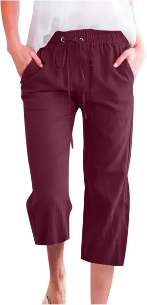 Lmdudan 2025 Capri Pants for Women Summer Drawstring Capris Linen Pants Beach Straight Wide Leg Cropped Trousers with Pockets