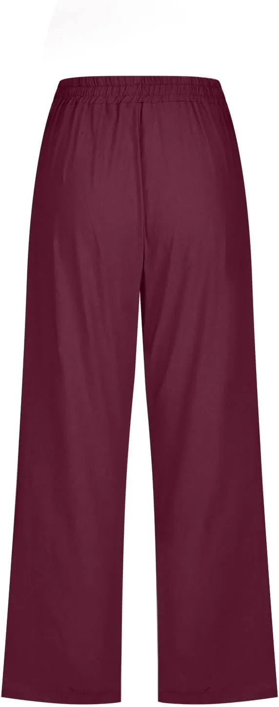 Lmdudan 2025 Capri Pants for Women Summer Drawstring Capris Linen Pants Beach Straight Wide Leg Cropped Trousers with Pockets