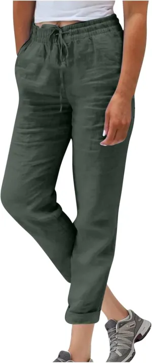 Lmdudan 2025 Cotton Linen Pants for Women Drawstring Elastic Waist Pants Wide Leg Sweatpants Summer Beach Pants Trousers
