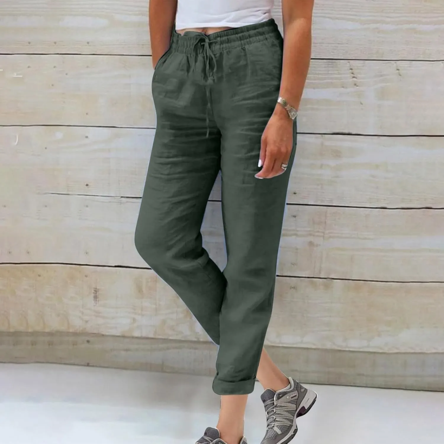 Lmdudan 2025 Cotton Linen Pants for Women Drawstring Elastic Waist Pants Wide Leg Sweatpants Summer Beach Pants Trousers