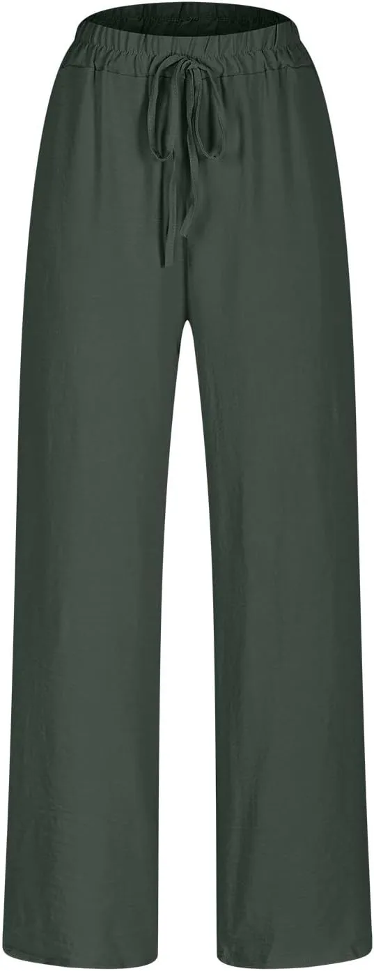 Lmdudan 2025 Cotton Linen Pants for Women Drawstring Elastic Waist Pants Wide Leg Sweatpants Summer Beach Pants Trousers
