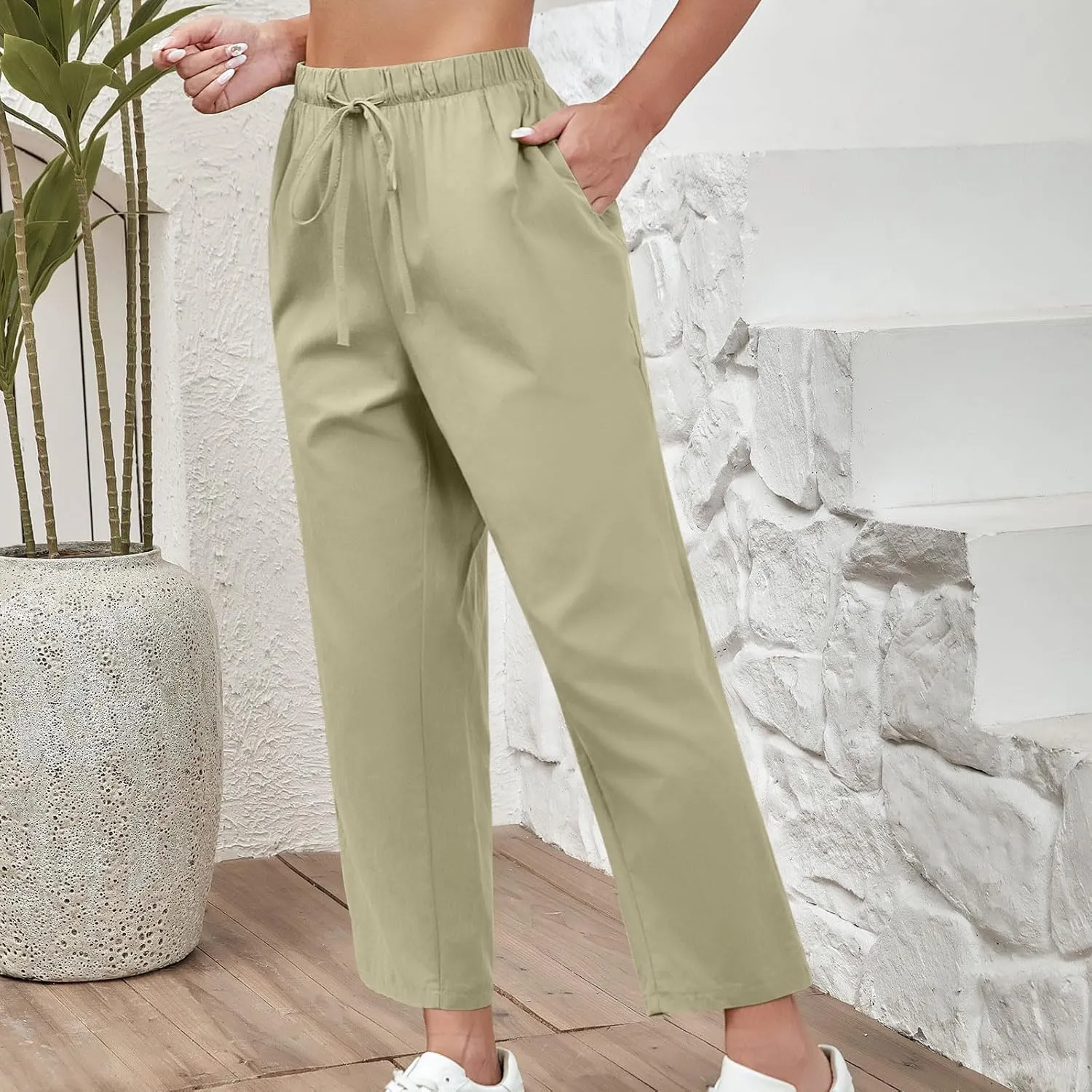 Lmdudan 2025 Women Casual Cotton Linen Pants Lightweight Summer Elastic Waist Beach Pants Plus Size Solid Lounge Long Trouser