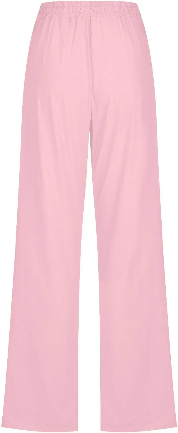 Lmdudan 2025 Women Casual Linen High Waist Pants Drawstring Loose Fit Summer Pants Elastic Waist Trousers with Pockets