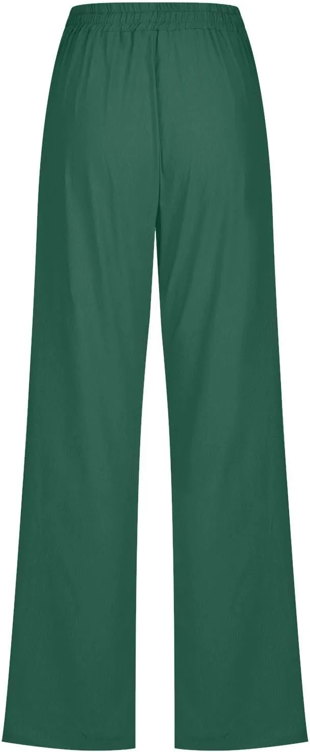 Lmdudan 2025 Women Casual Linen High Waist Pants Drawstring Loose Fit Summer Pants Elastic Waist Trousers with Pockets