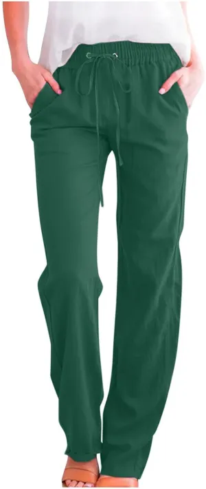 Lmdudan 2025 Women Casual Linen High Waist Pants Drawstring Loose Fit Summer Pants Elastic Waist Trousers with Pockets