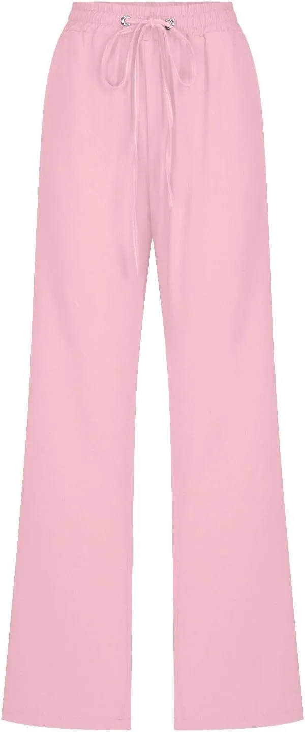 Lmdudan 2025 Women Casual Linen High Waist Pants Drawstring Loose Fit Summer Pants Elastic Waist Trousers with Pockets