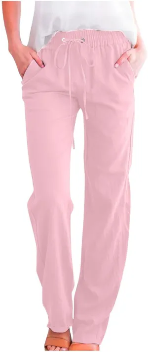 Lmdudan 2025 Women Casual Linen High Waist Pants Drawstring Loose Fit Summer Pants Elastic Waist Trousers with Pockets