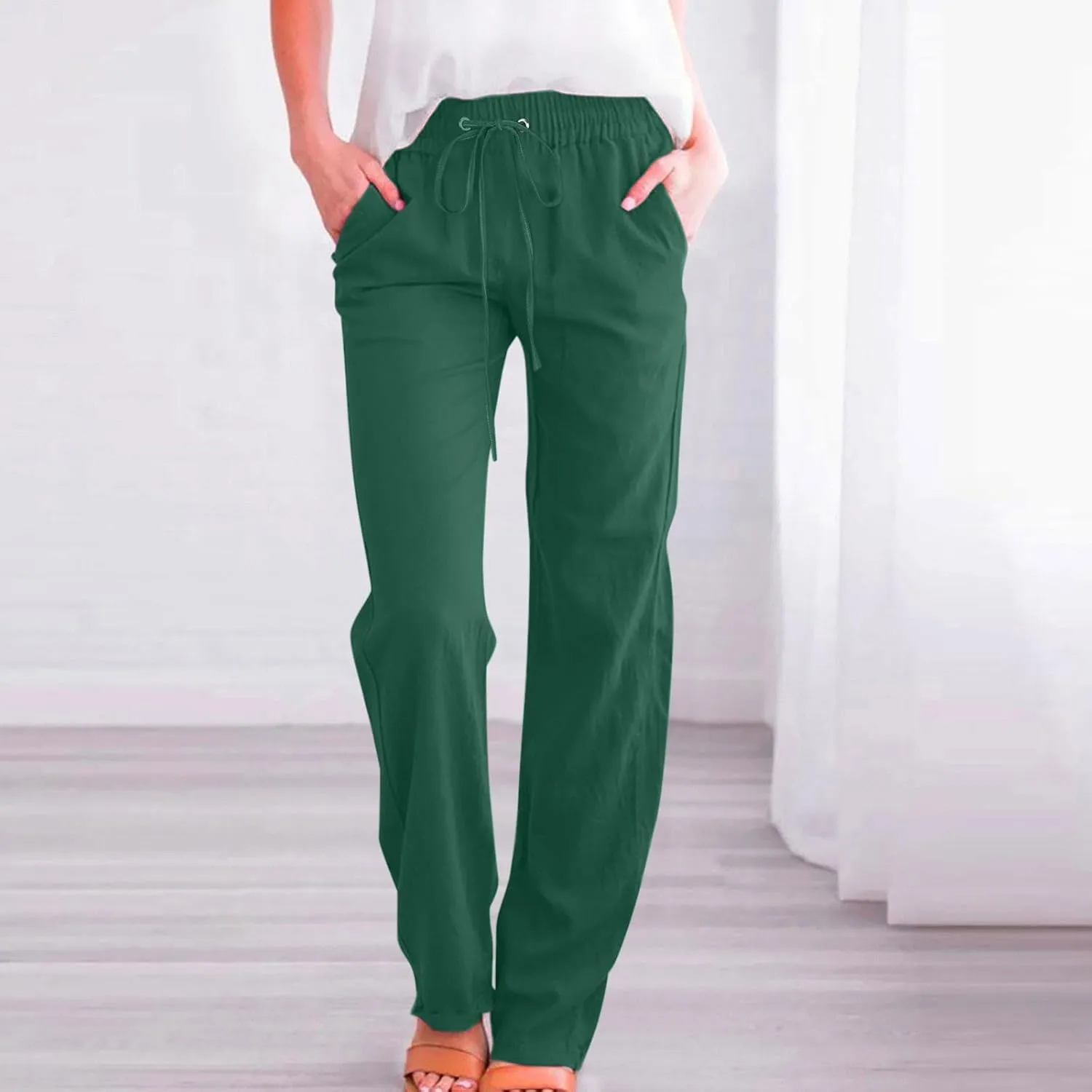 Lmdudan 2025 Women Casual Linen High Waist Pants Drawstring Loose Fit Summer Pants Elastic Waist Trousers with Pockets