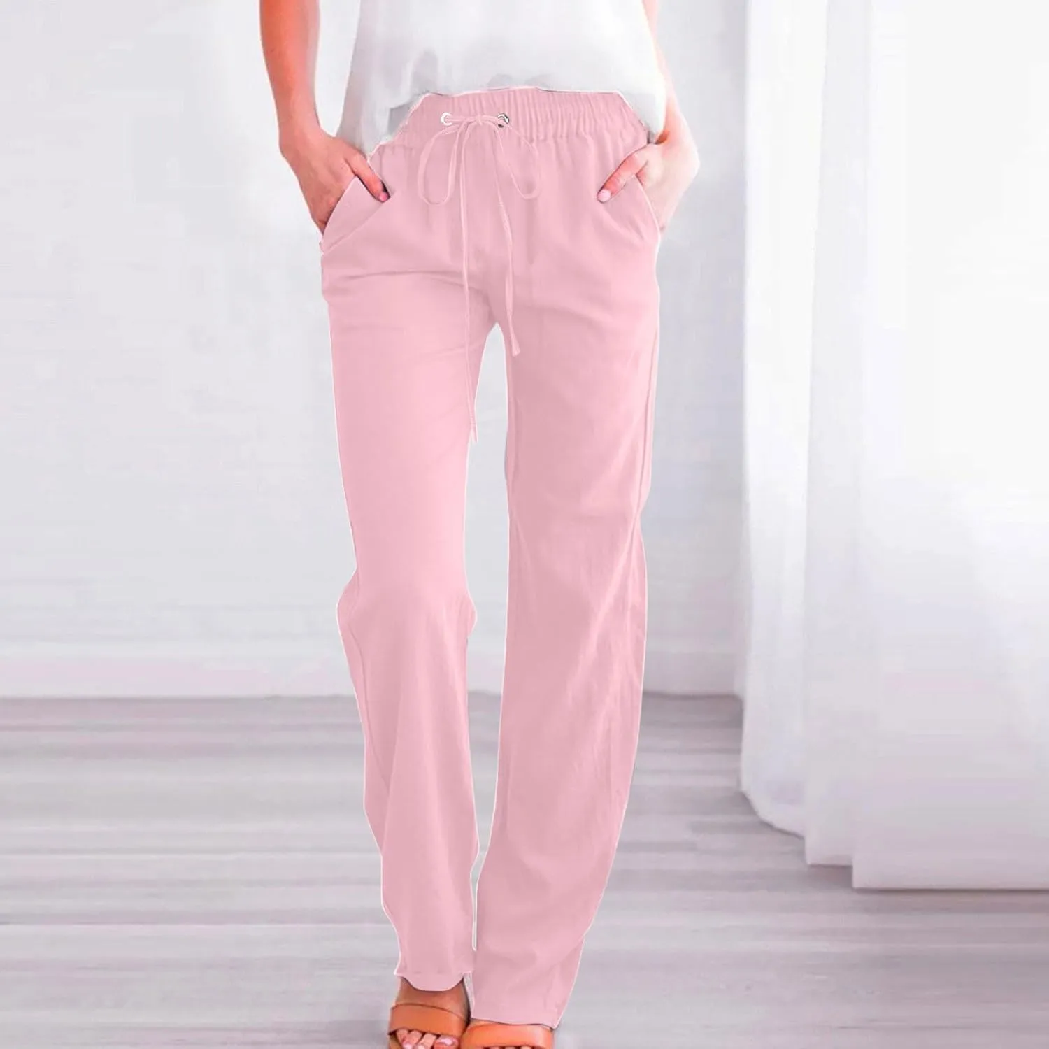 Lmdudan 2025 Women Casual Linen High Waist Pants Drawstring Loose Fit Summer Pants Elastic Waist Trousers with Pockets
