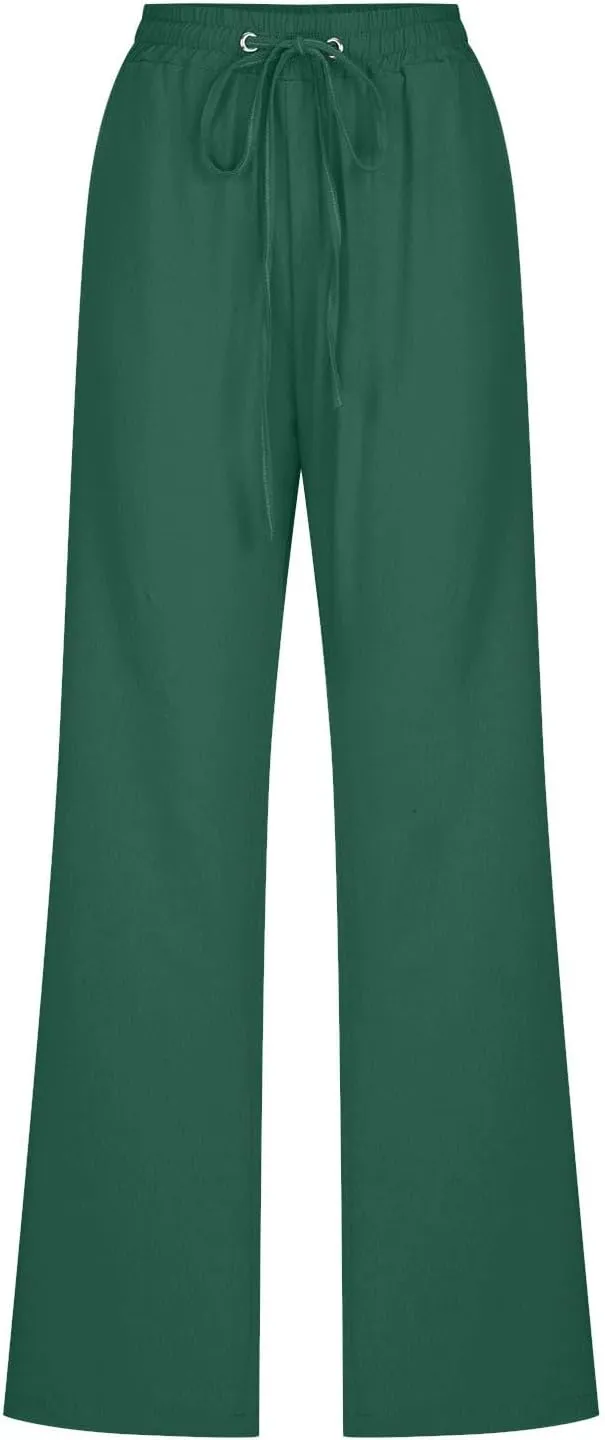 Lmdudan 2025 Women Casual Linen High Waist Pants Drawstring Loose Fit Summer Pants Elastic Waist Trousers with Pockets