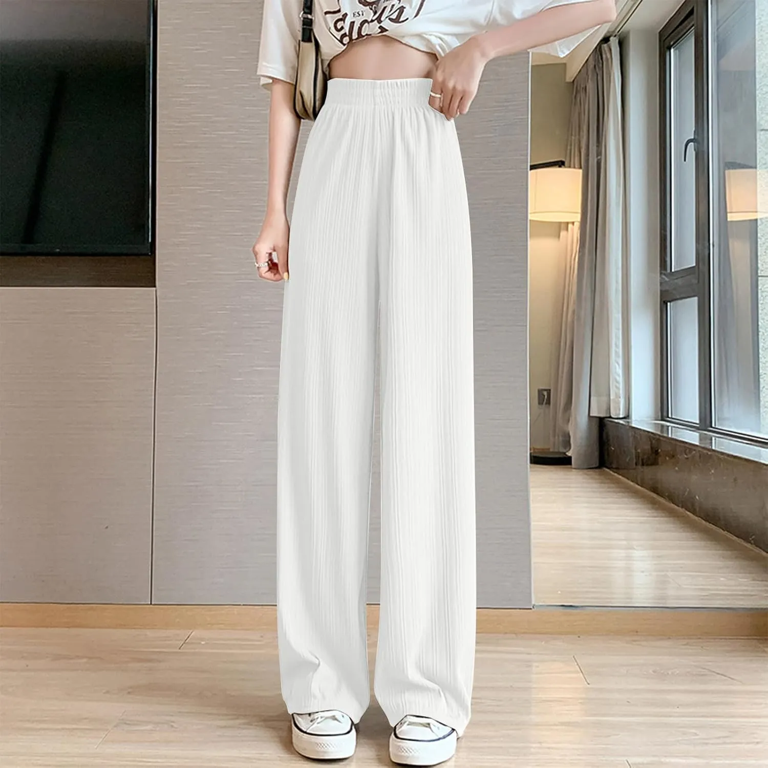 Lmdudan 2025 Women Linen Pants Summer Casual Boho Loose Wide Leg Palazzo Pants Smocked High Waist Flowy Beach Yoga Trousers