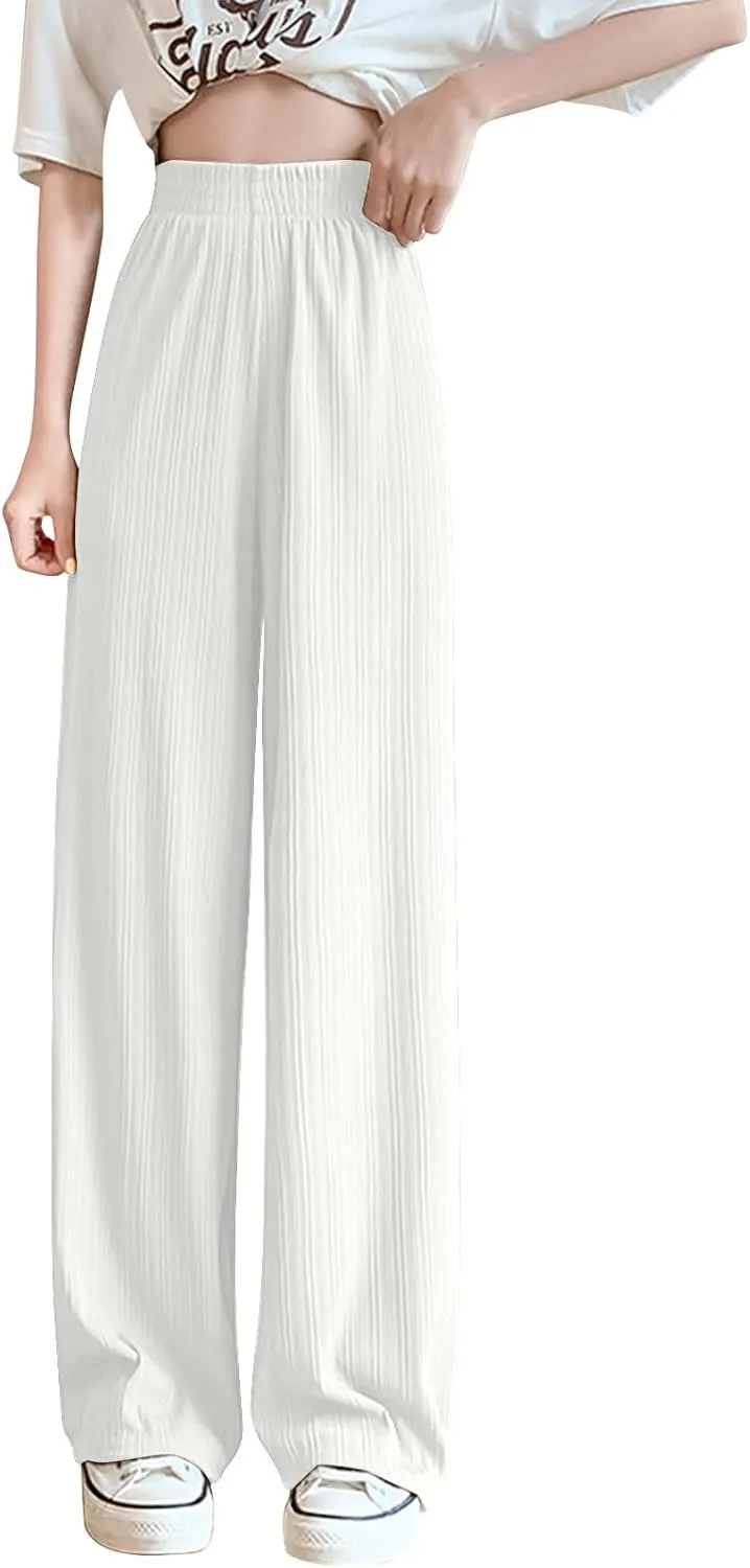 Lmdudan 2025 Women Linen Pants Summer Casual Boho Loose Wide Leg Palazzo Pants Smocked High Waist Flowy Beach Yoga Trousers