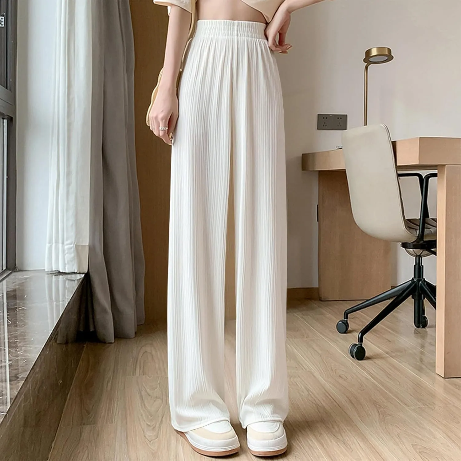 Lmdudan 2025 Women Linen Pants Summer Casual Boho Loose Wide Leg Palazzo Pants Smocked High Waist Flowy Beach Yoga Trousers