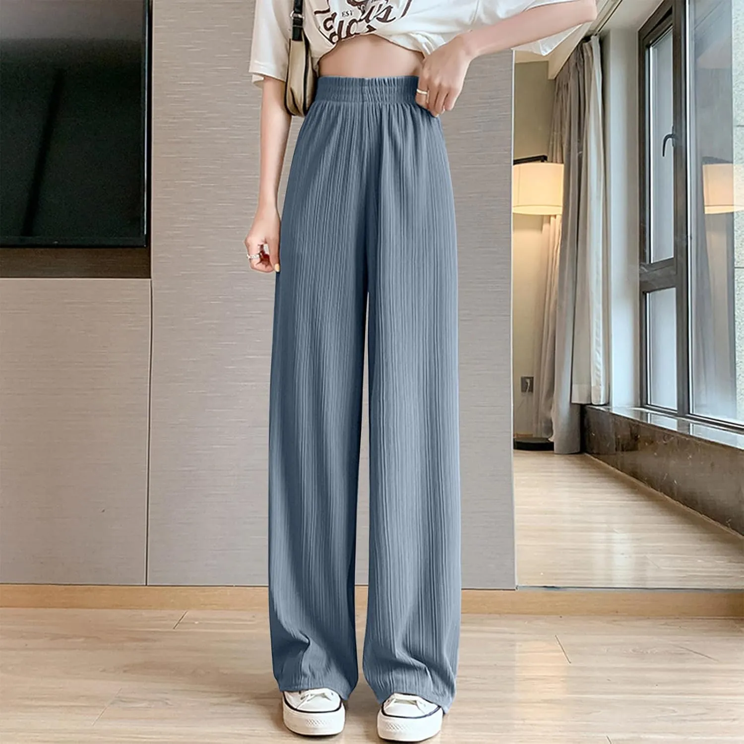 Lmdudan 2025 Women Linen Pants Summer Casual Boho Loose Wide Leg Palazzo Pants Smocked High Waist Flowy Beach Yoga Trousers