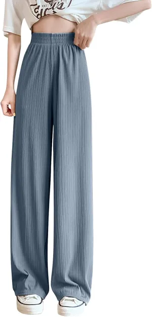 Lmdudan 2025 Women Linen Pants Summer Casual Boho Loose Wide Leg Palazzo Pants Smocked High Waist Flowy Beach Yoga Trousers