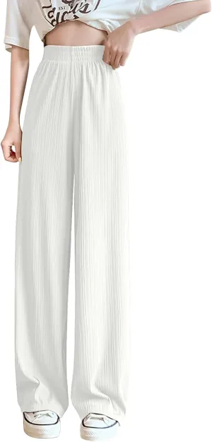 Lmdudan 2025 Women Linen Pants Summer Casual Boho Loose Wide Leg Palazzo Pants Smocked High Waist Flowy Beach Yoga Trousers