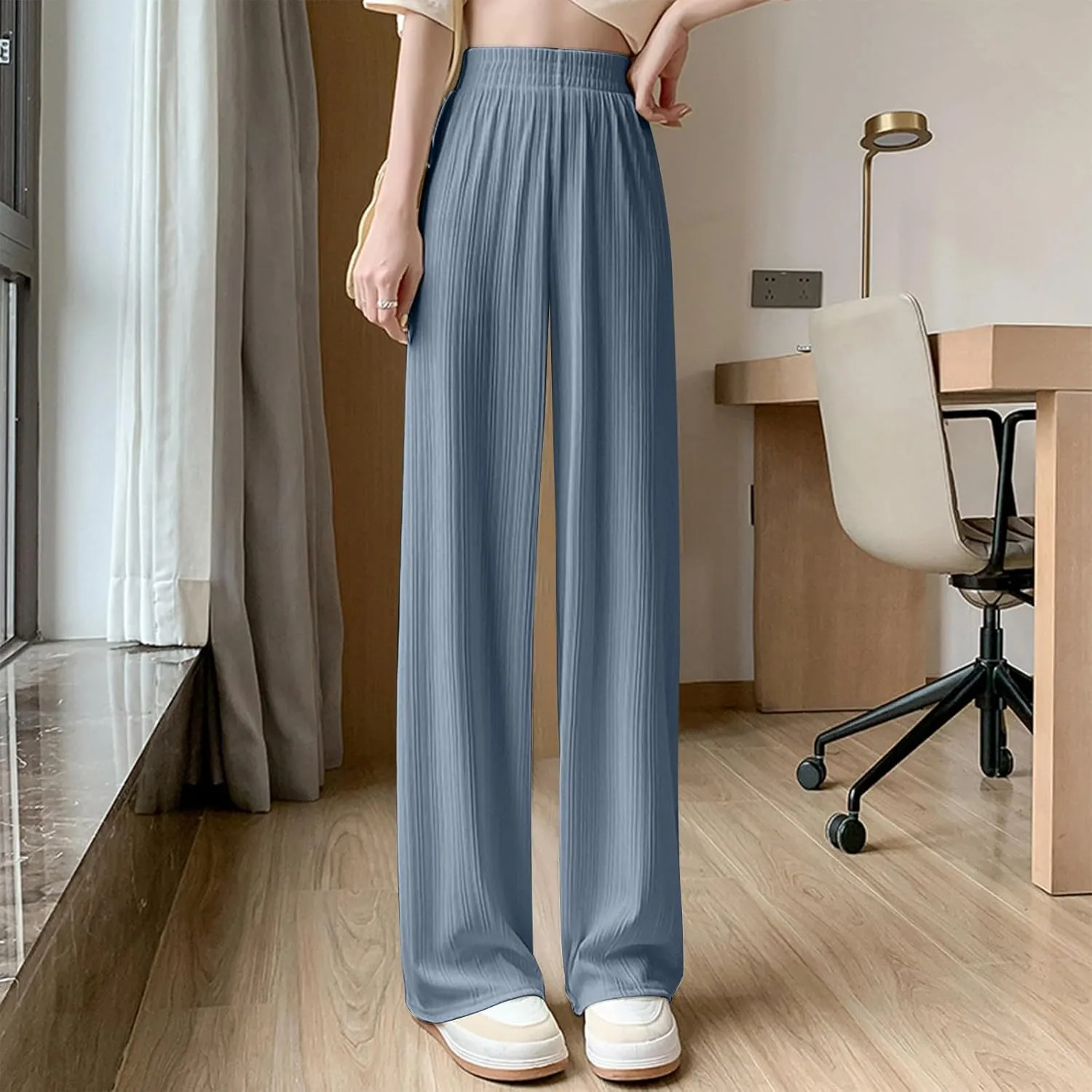 Lmdudan 2025 Women Linen Pants Summer Casual Boho Loose Wide Leg Palazzo Pants Smocked High Waist Flowy Beach Yoga Trousers