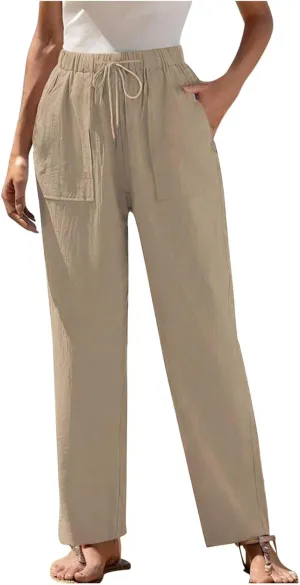 Lmdudan 2025 Women Linen Pants Wide Leg Ankle Pants High Waist Drawstring Casual Palazzo Loose Beach Pant Lightweight Trouser