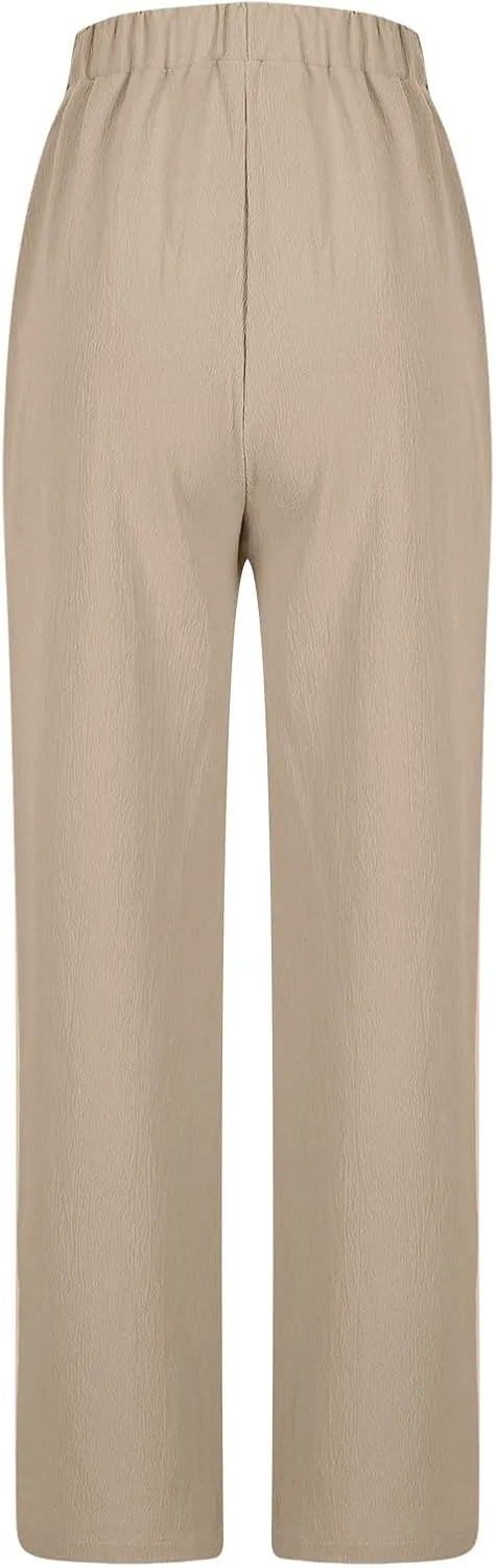 Lmdudan 2025 Women Linen Pants Wide Leg Ankle Pants High Waist Drawstring Casual Palazzo Loose Beach Pant Lightweight Trouser