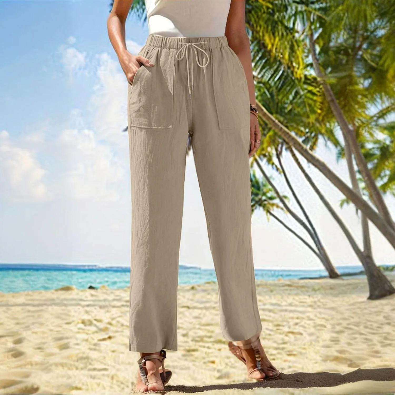 Lmdudan 2025 Women Linen Pants Wide Leg Ankle Pants High Waist Drawstring Casual Palazzo Loose Beach Pant Lightweight Trouser