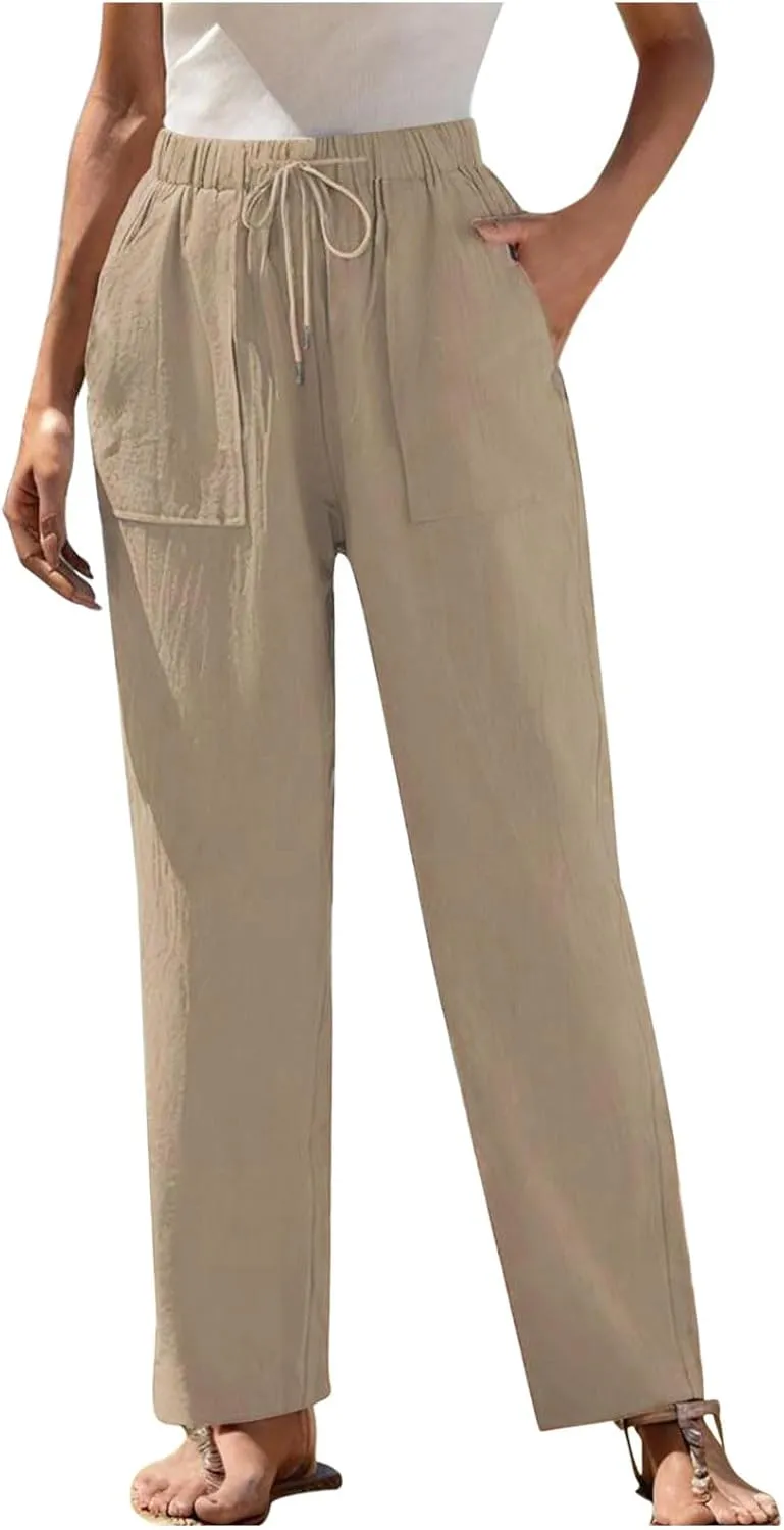 Lmdudan 2025 Women Linen Pants Wide Leg Ankle Pants High Waist Drawstring Casual Palazzo Loose Beach Pant Lightweight Trouser